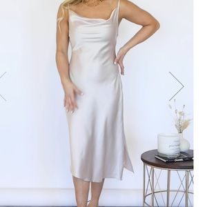 PINK LILY LOOK BACK ON TONIGHT CHAMPAGNE COWL NECK SATIN MIDI DRESS